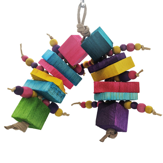 A multicolored bird toy, with balsa, pine, and wooden beads