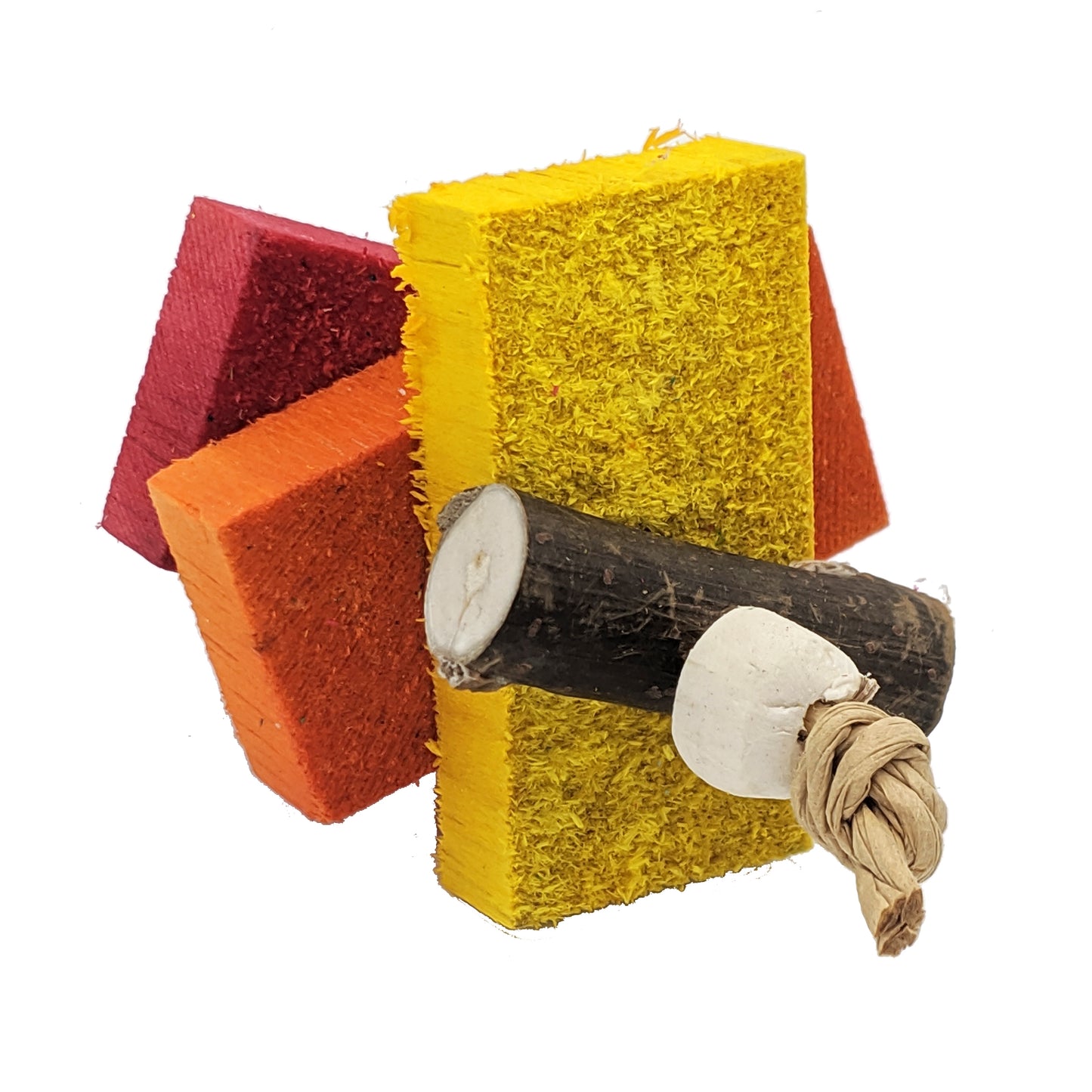 A summer foot toy with yellow, orange, and red balsa, and cottonwood stick, and sola bead. For small to medium birds as either a foot toy, small hanging toy, disabled birds, baby birds, or in a parrot carrier.