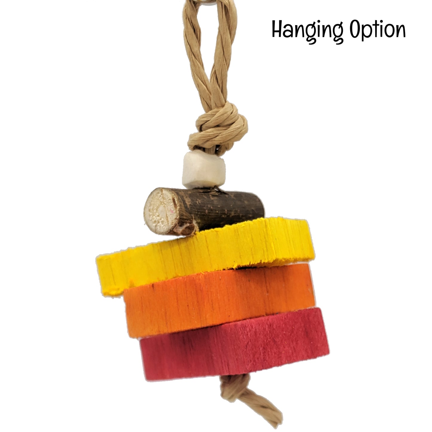 A summer foot toy with yellow, orange, and red balsa, and cottonwood stick, and sola bead. For small to medium birds as either a foot toy, small hanging toy, disabled birds, baby birds, or in a parrot carrier.