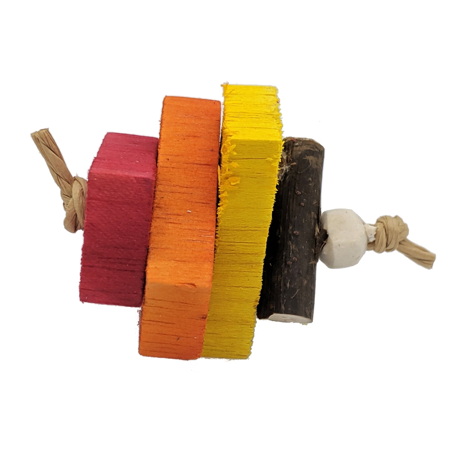 A summer foot toy with yellow, orange, and red balsa, and cottonwood stick, and sola bead. For small to medium birds as either a foot toy, small hanging toy, disabled birds, baby birds, or in a parrot carrier.