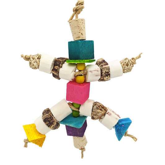 Ferdinand by Lil Monsters Bird Toys. Made with balsa, sola, vine balls, cork stoppers, thin pine, mahogany pods, and wooden beads. Strung on paper rope. 