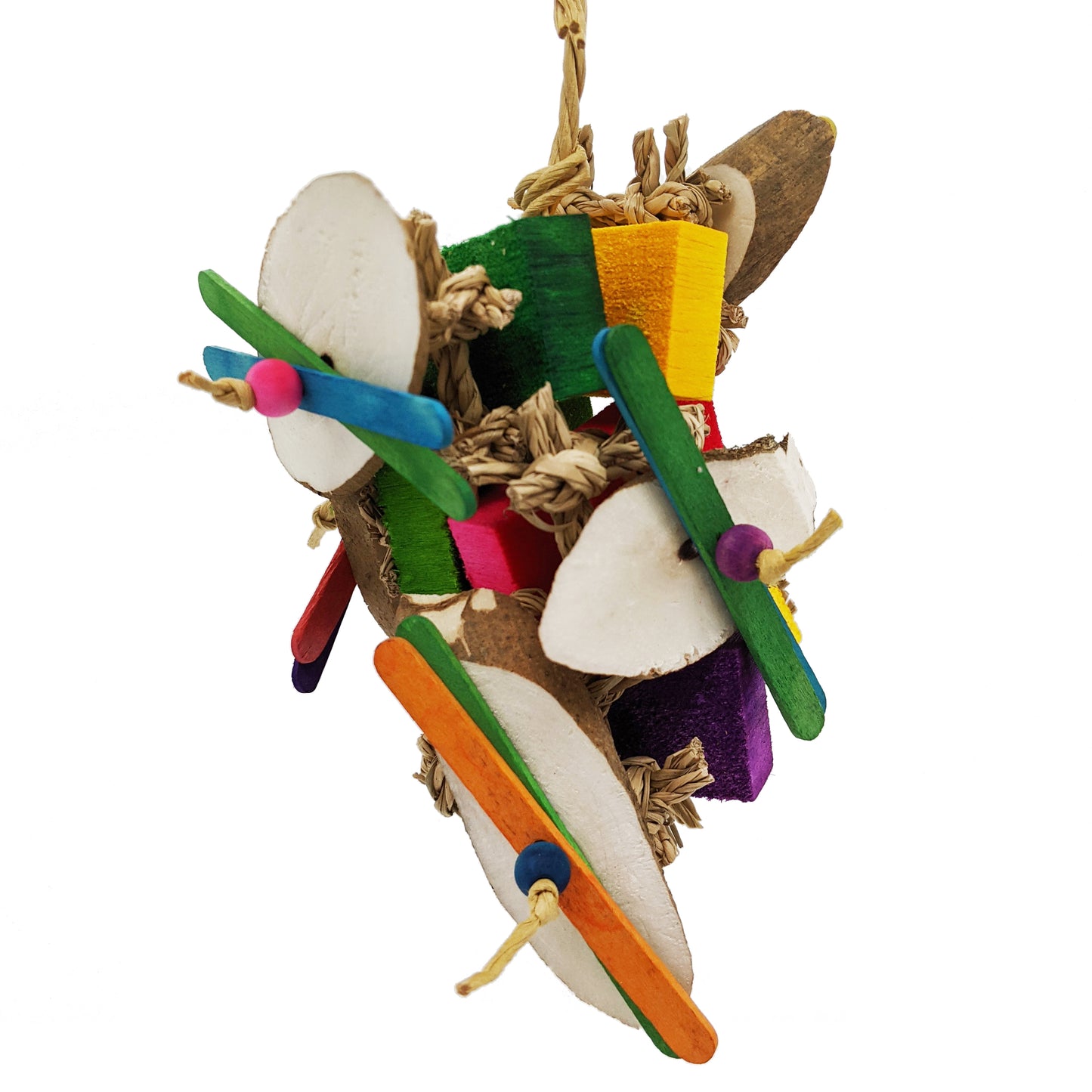 Flim Flam by Lil Monsters Bird Toys. A colorful bird toy made of seagrass, balsa wood, sola, and popsicle sticks.