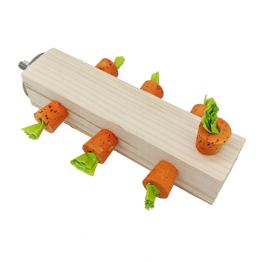 Garden Row by Lil Monsters Bird Toys. Made with a pine base, embedded cork carrots, and stainless steel hardware.  6 inch variant shown. 