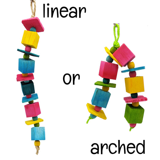 Hugh by Lil Monsters Bird Toys, made with balsa, beads, and thin pine. Shown here with "linear or arched", to demonstrate the options available for this toy.