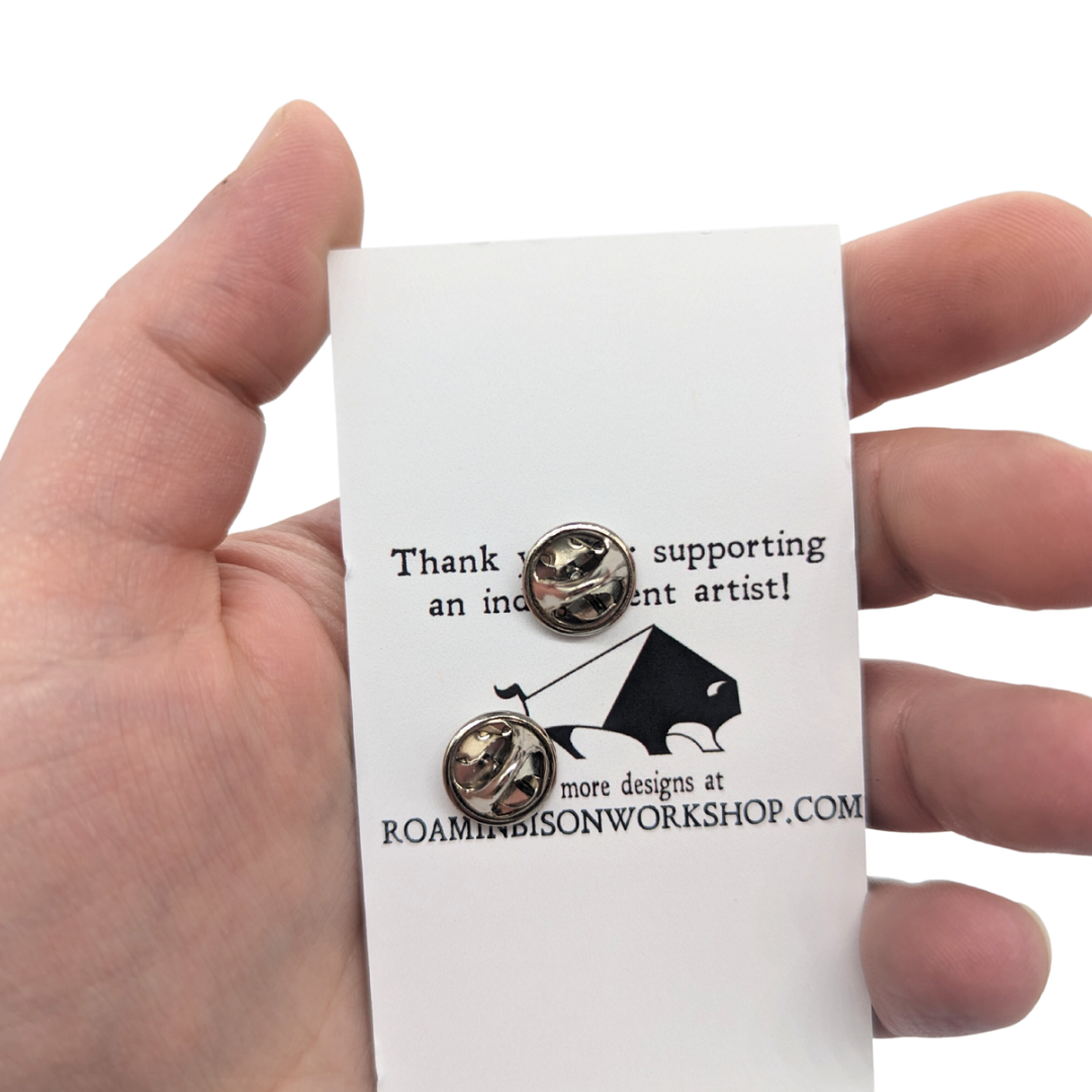 Indian Ringneck Enamel Pin, back. Card says Thank you or supporting an independent artist! See more designs at RoaminBisonWorkshop.com. Also shows the clasp type of the pin