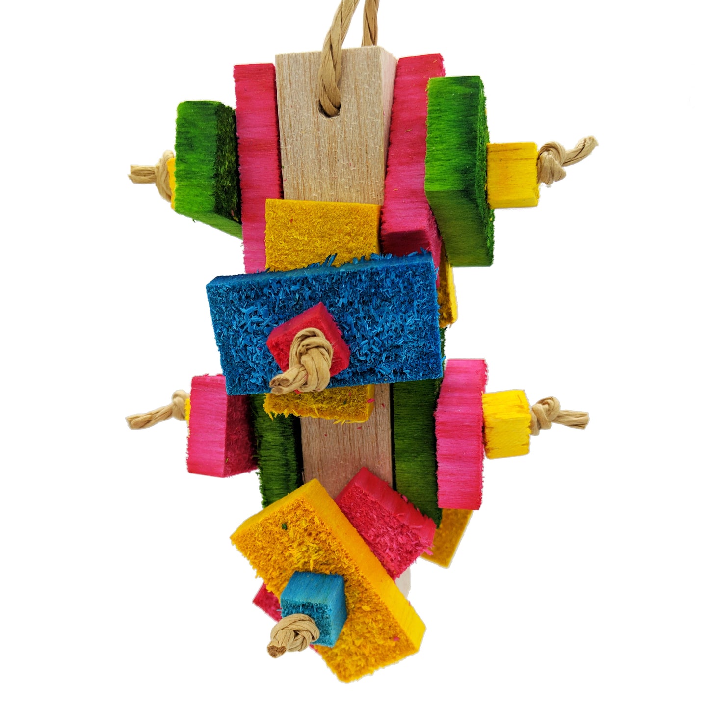 A balsa parrot toy. On a 1 inch by 6 inch base, has 16 half inch balsa slats and 8 half inch balsa cubes attached, 2 sets per side. strung with paper rope. 