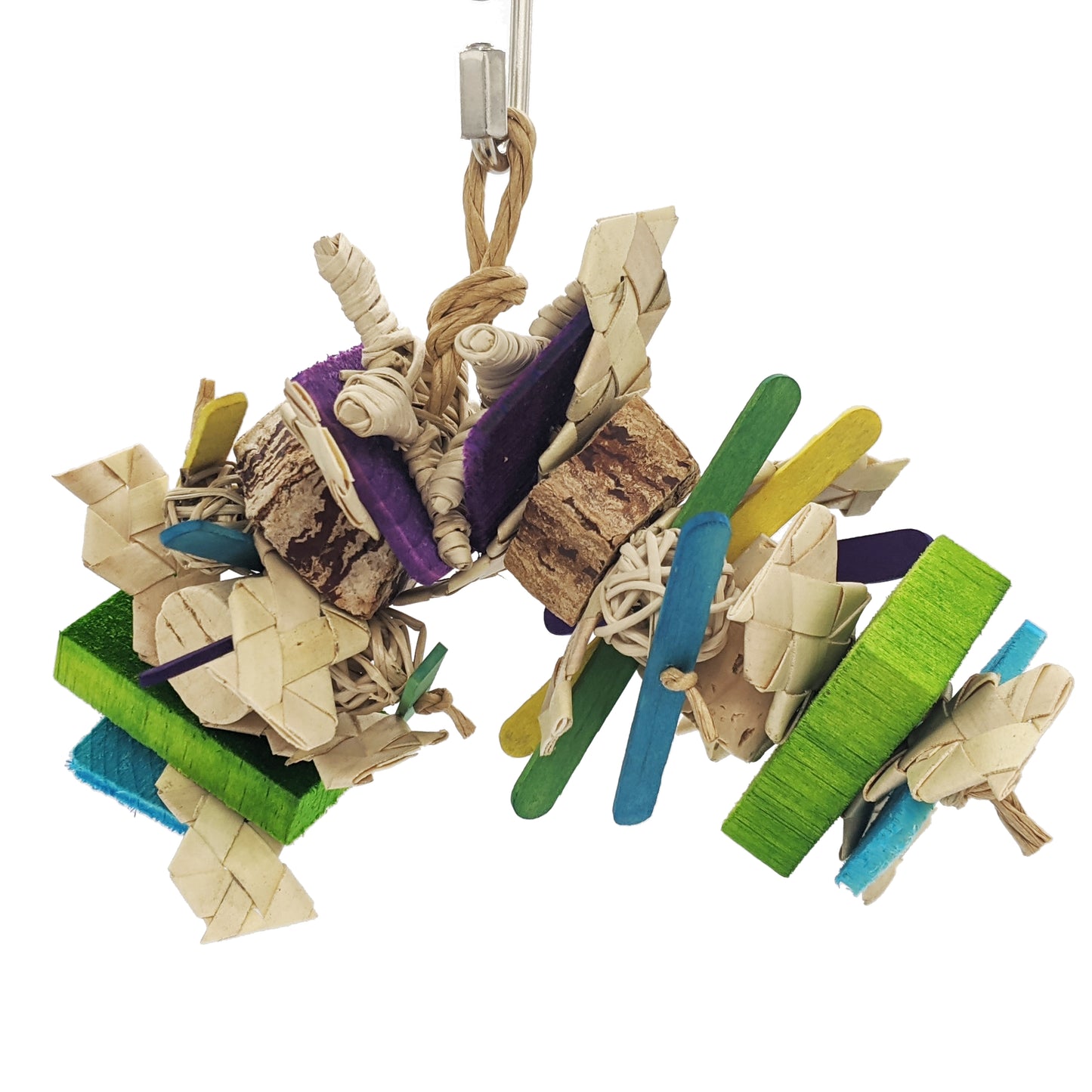 Koopa by Lil Monsters Bird Toys, featuring palm, vine, thin pine, balsa, craft sticks, cork, and mahogany pods. 