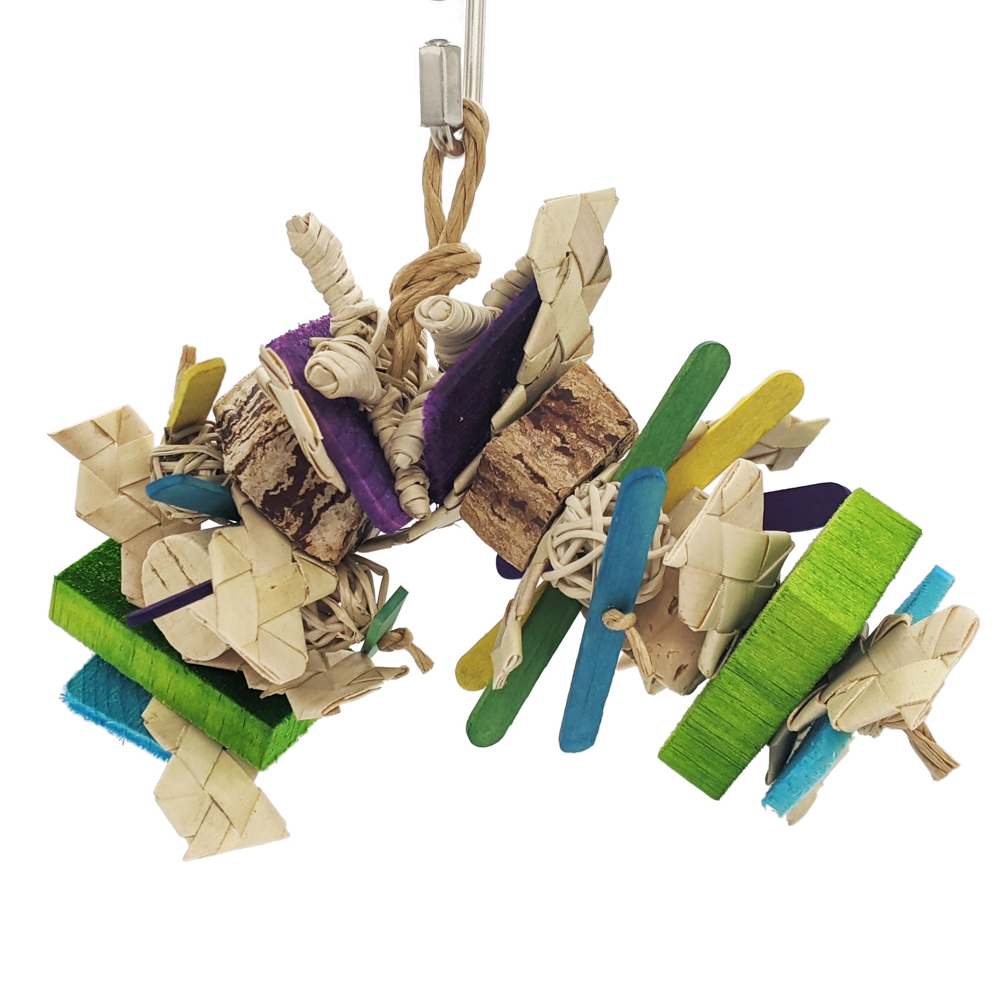 Koopa by Lil Monsters Bird Toys, featuring palm, vine, thin pine, balsa, craft sticks, cork, and mahogany pods. 
