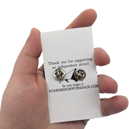 Lovebird Enamel Pin, back. Card says Thank you or supporting an independent artist! See more designs at RoaminBisonWorkshop.com. Also shows the clasp type of the pin