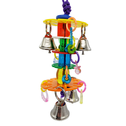 Shimmy by Lil Monsters Bird Toys. Made with bells and various plastic charms and discs. 