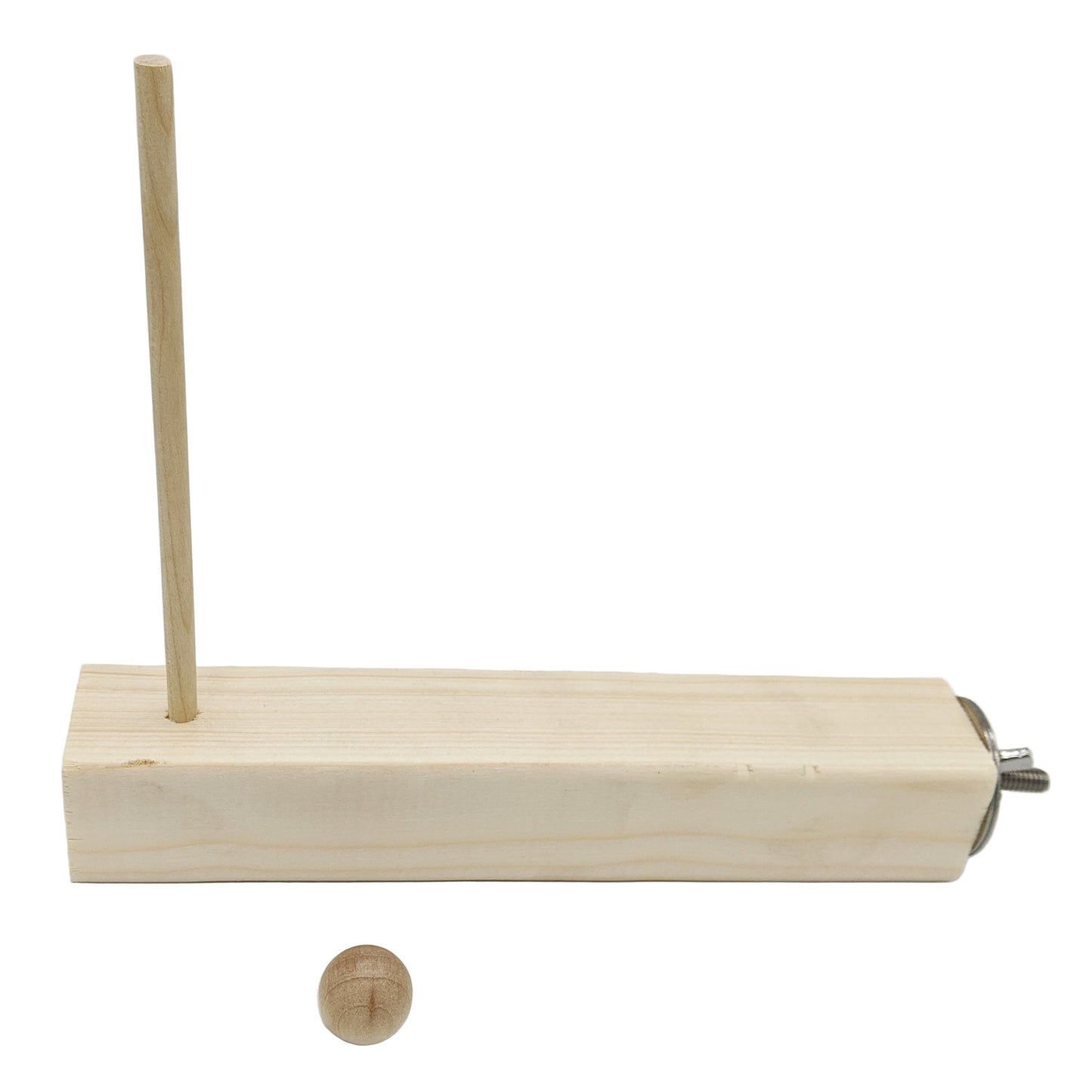 Skewer Perch by Lil Monsters Bird Toys.  A pine perch with a dowel skewer and stainless steel hardware. Shown with the dowel cap removed to demonstrate use. 