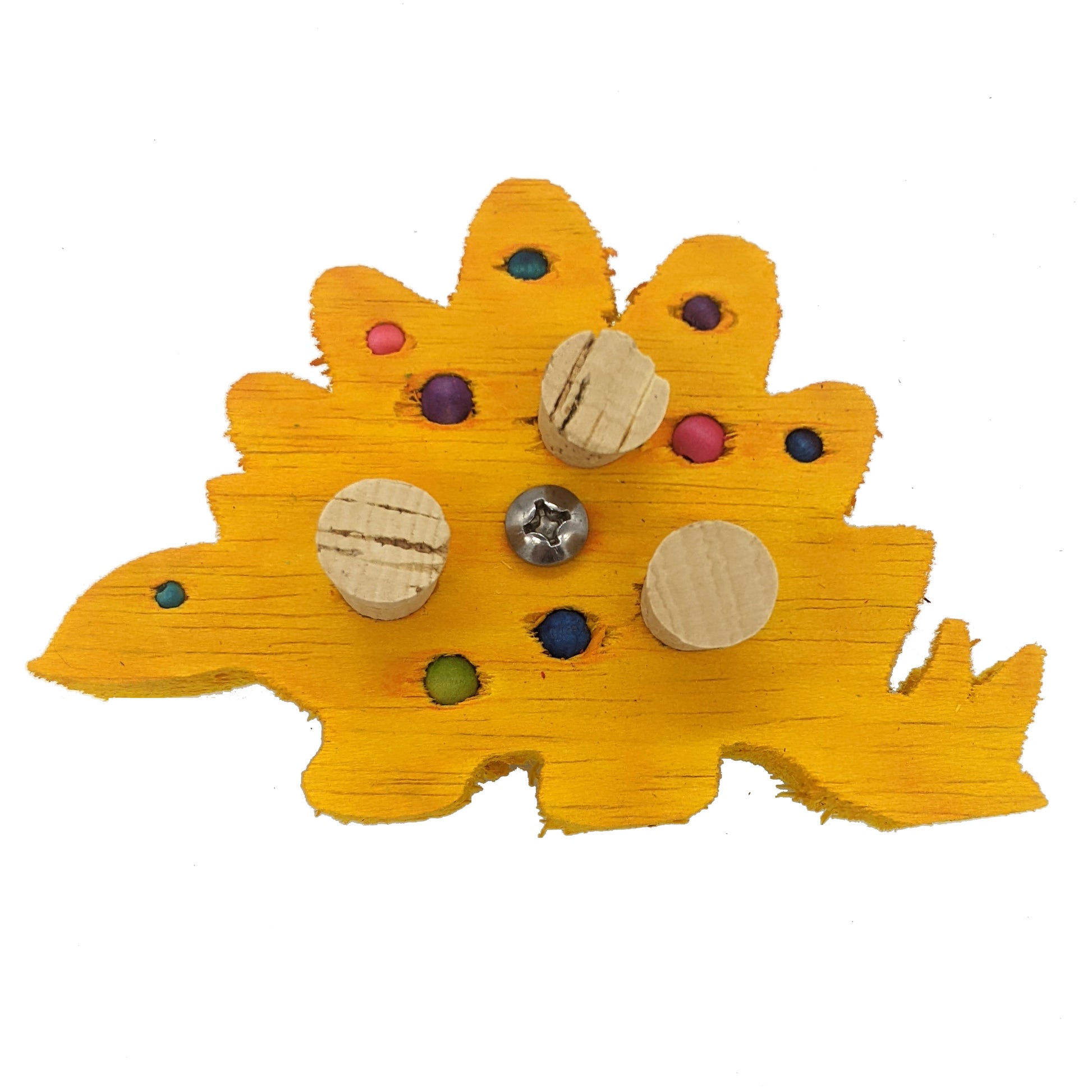 A stegosaurus shaped piece of balsa. Embedded with 4mm, 6mm, and 8mm wooden beads, and three cork stoppers.