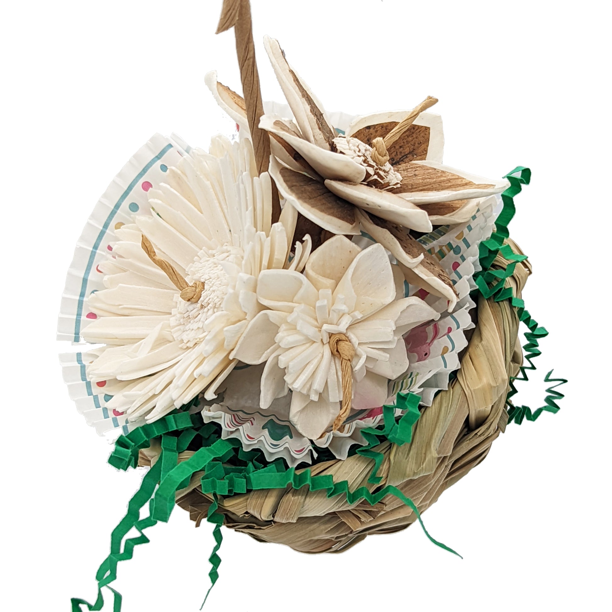 Spring Bouquet by Lil Monsters Bird Toys. Made with sola flowers, balsa, paper, and a seagrass basket. 
