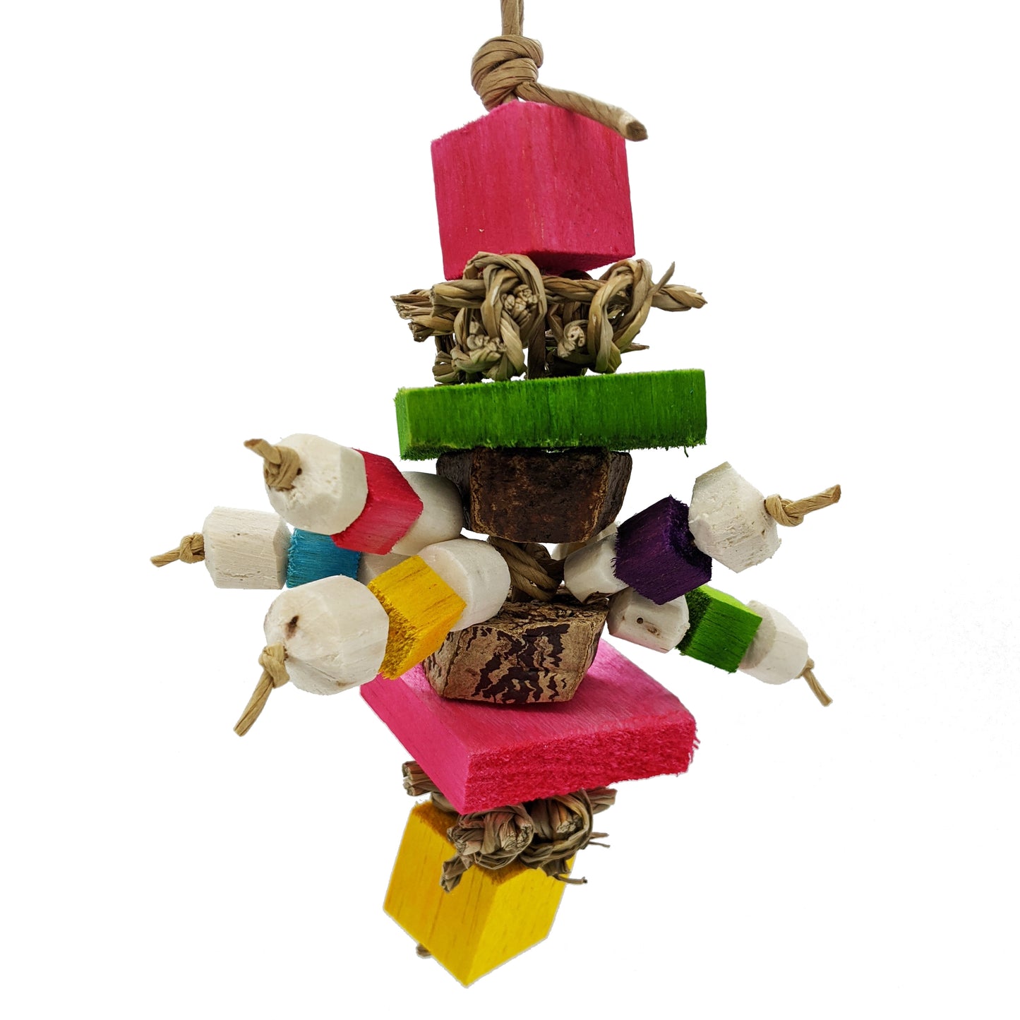 Sprite by Lil Monsters Bird Toys. Made with balsa, seagrass, mahogany pod slices, and sola. 