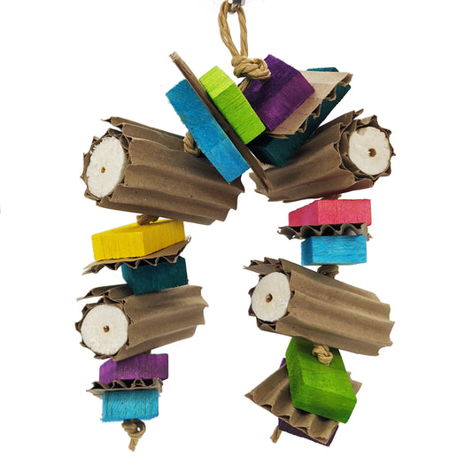 Tapioca by Lil Monsters Bird Toys. Made with balsa slats, cardboard, and sola logs. 