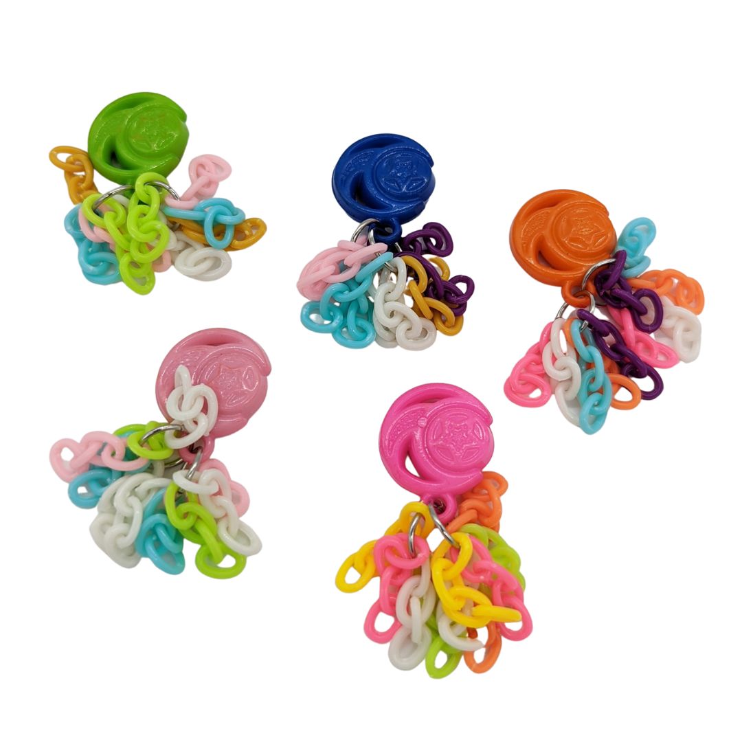 Tassels bird toy by Tiny Conure Trinkets, multiple variations pictured to show examples