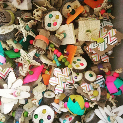 Foot Toy Grab Bag by Lil Monsters Bird Toys, showing a variety of possible options. 