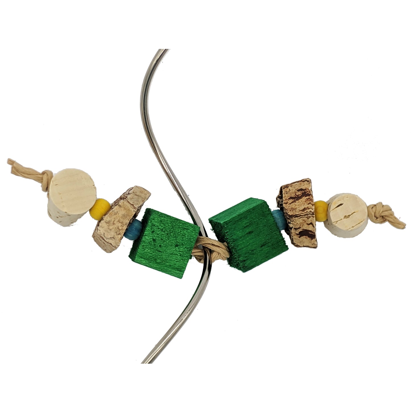 Trio by Lil Monsters Bird Toys. Skewer filler toy with cork, mahogany pods, and balsa. 