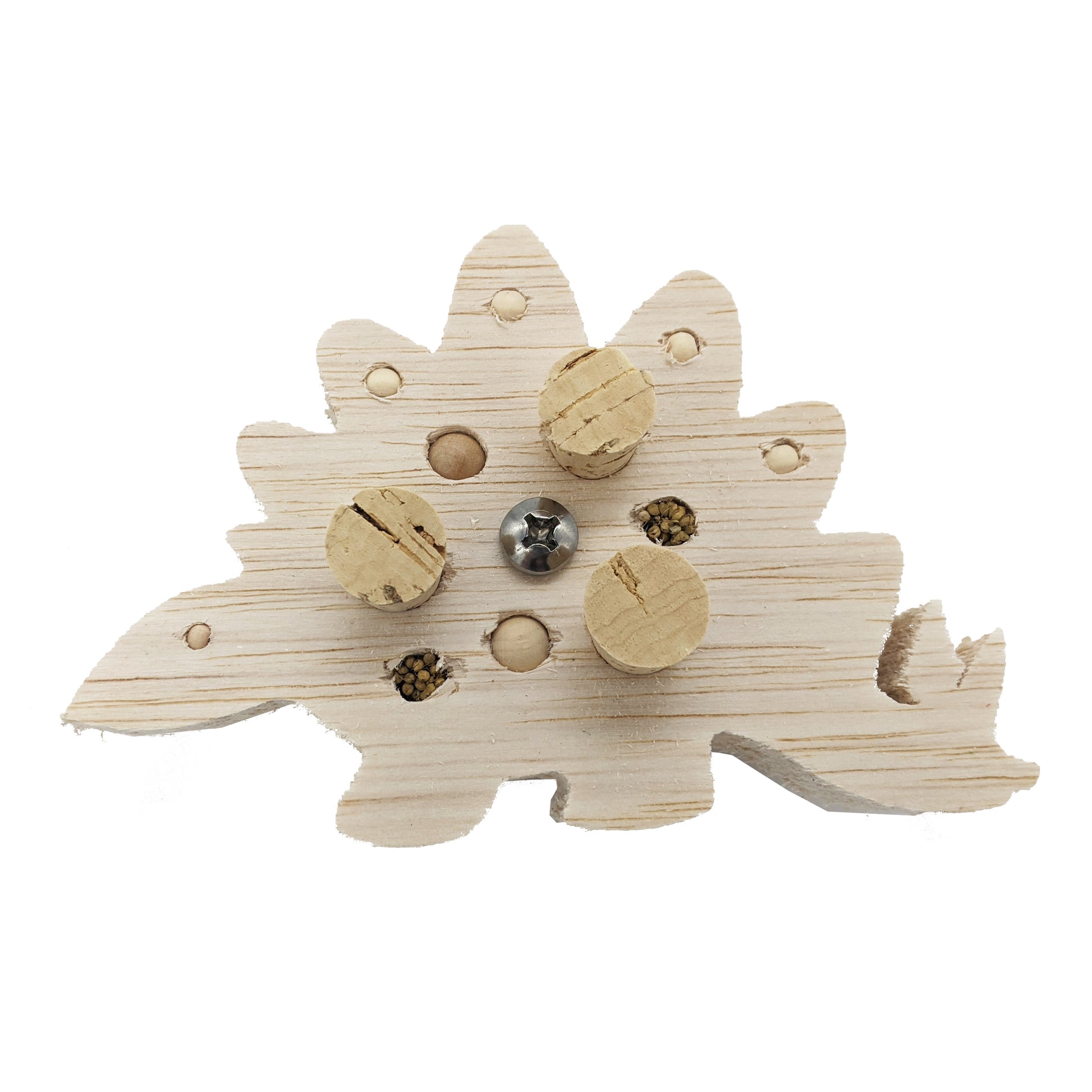 A stegosaurus shaped piece of balsa. Embedded with 4mm, 6mm, and 8mm wooden beads, and three cork stoppers.