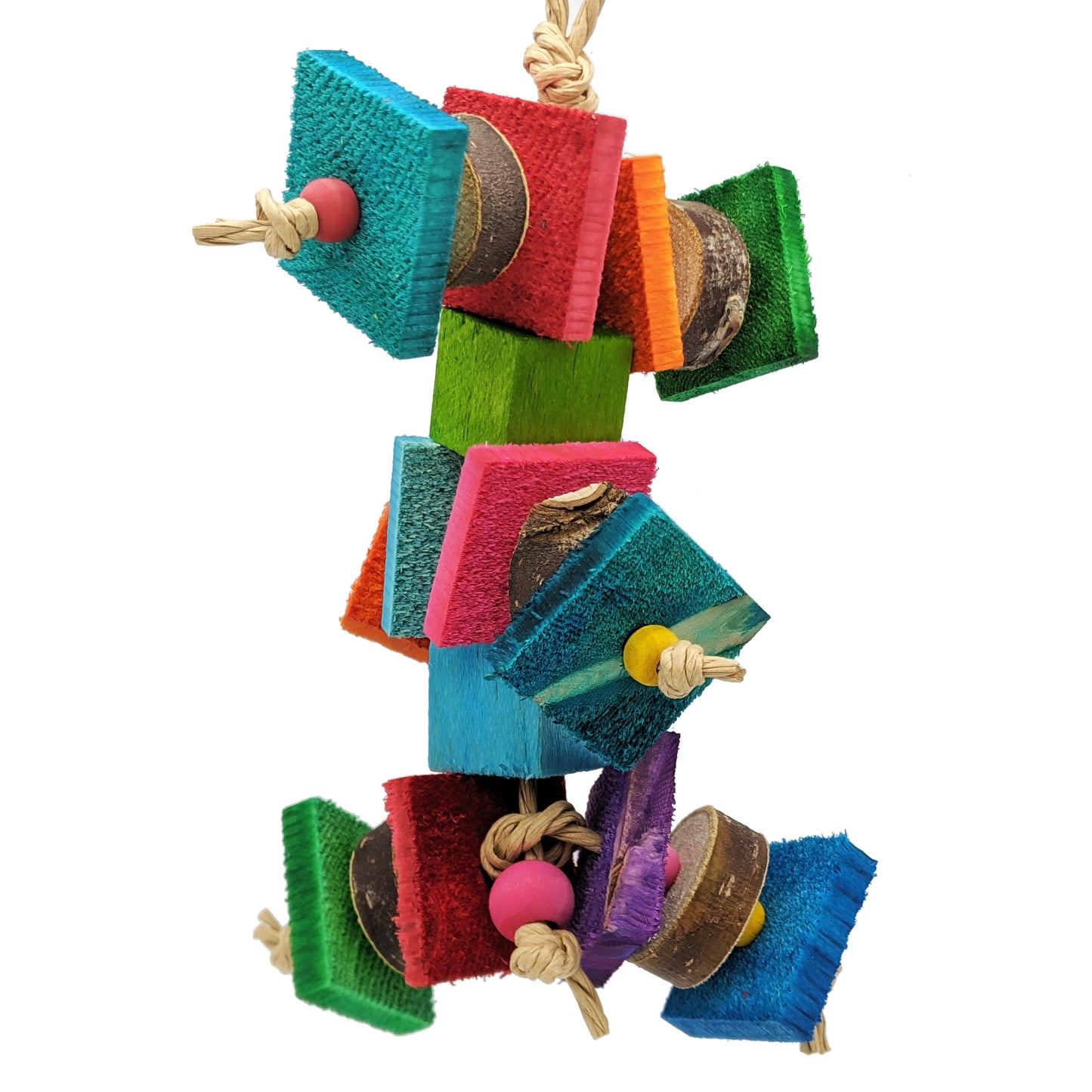 A bird toy for birds that love wood! Alternating pieces of 1/4" thin pine cut against the grain with pieces of natural willow or cottonwood slices. Wooden beads between the slices of wood, and balsa blocks between the levels of the toy. 