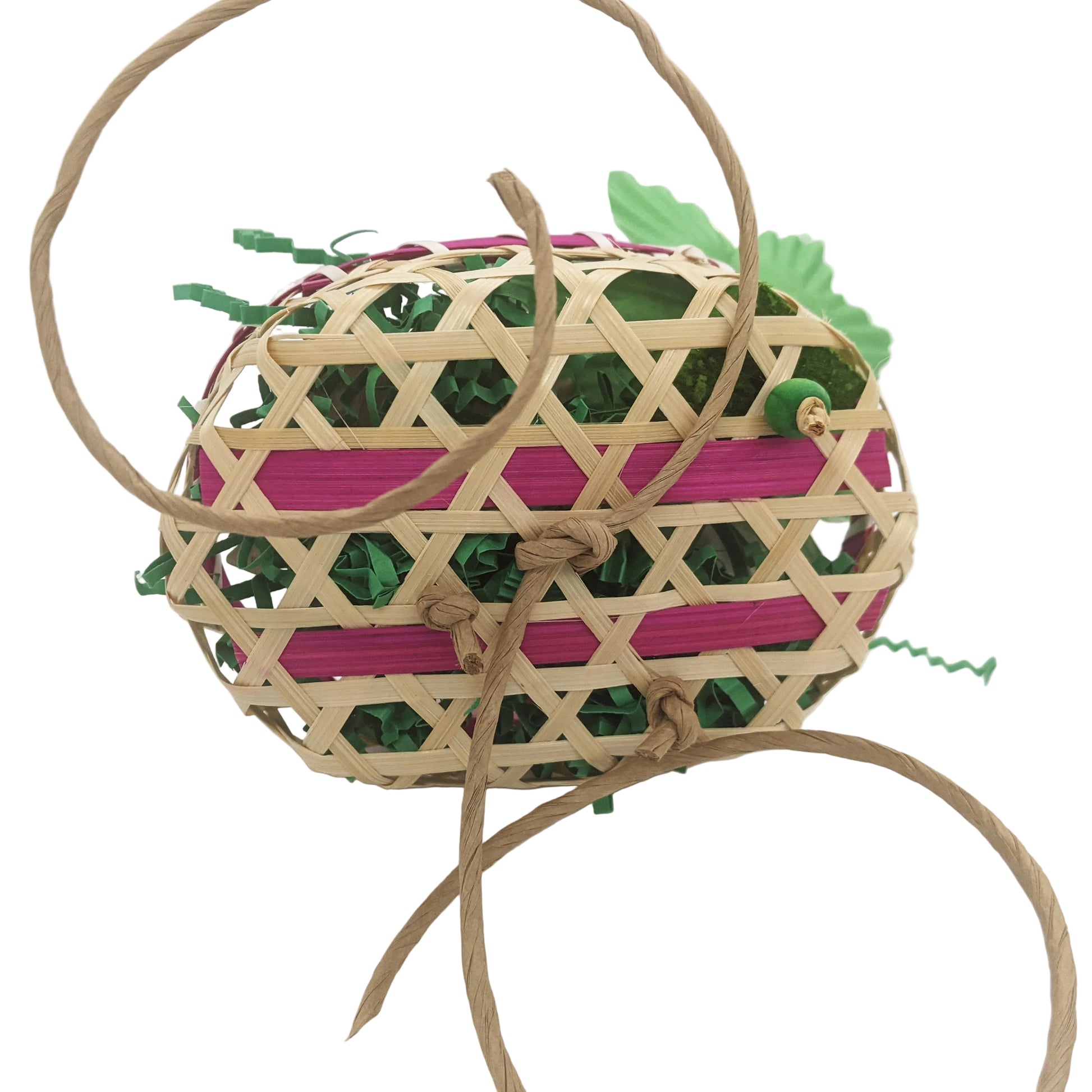 Wildflowers parrot toy for Lil Monsters Bird Toys, back view to show the rope that ties the basket to the cage. 