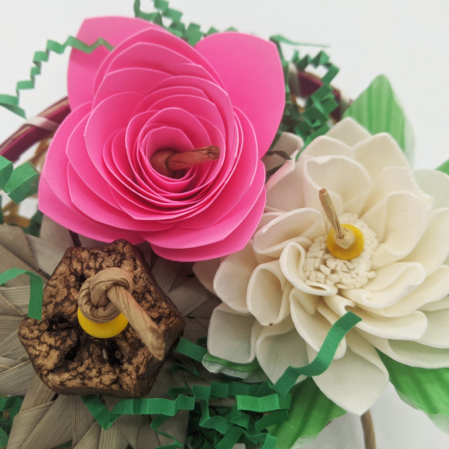 Wildflowers parrot toy for Lil Monsters Bird Toys, close up view to show details in the rolled cardstock flower. 